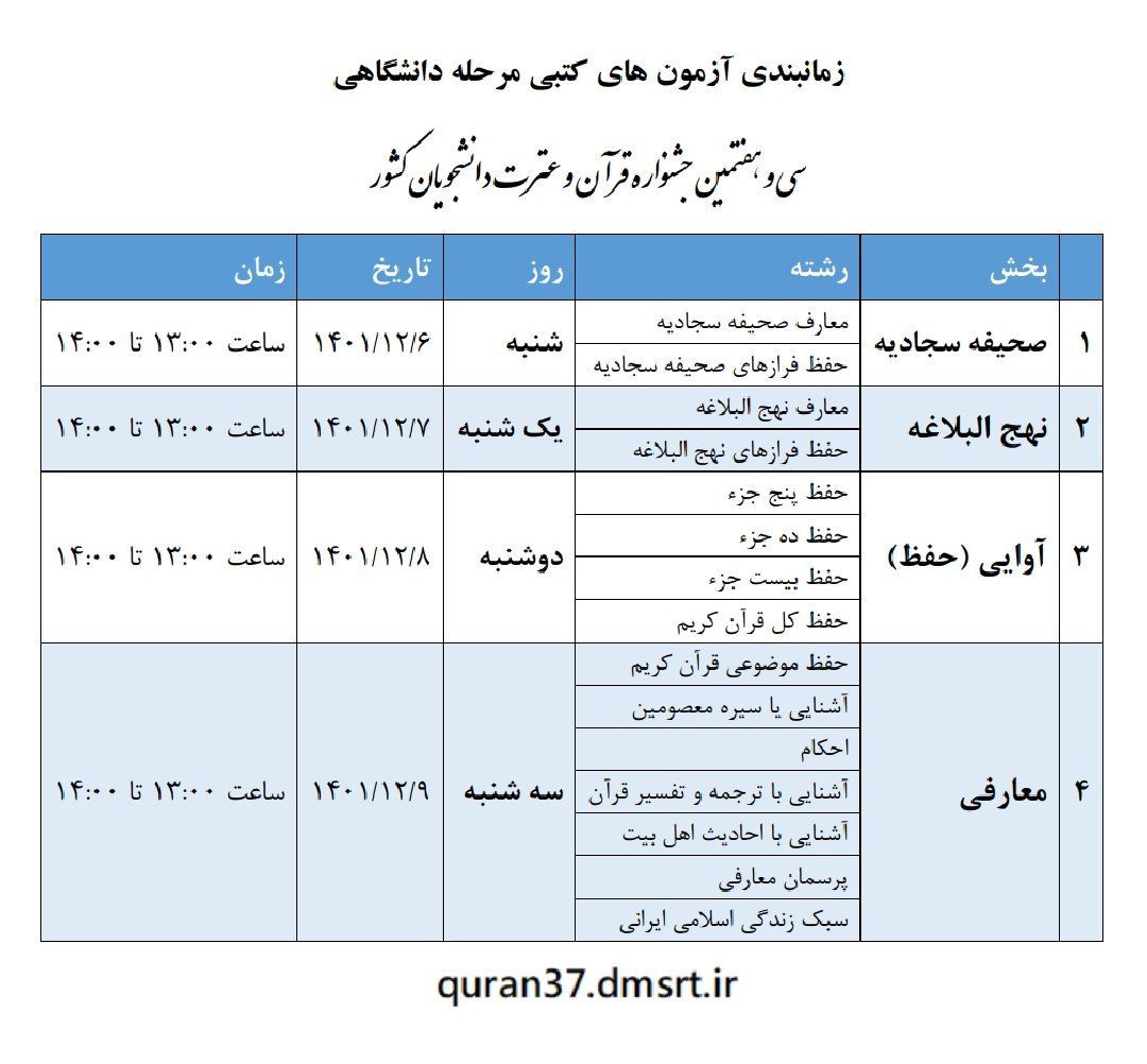 زمان بندی آزمون کتبی جشنواره قرآن و عترت، دانشگاه شهید مطهری